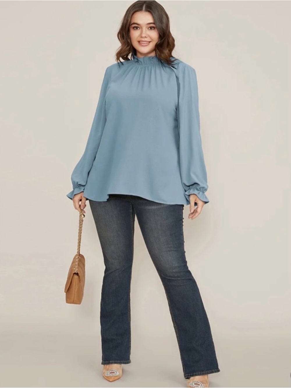 Jodifl Lantern Sleeve Ruffle Neck Blouse // Blue // Small